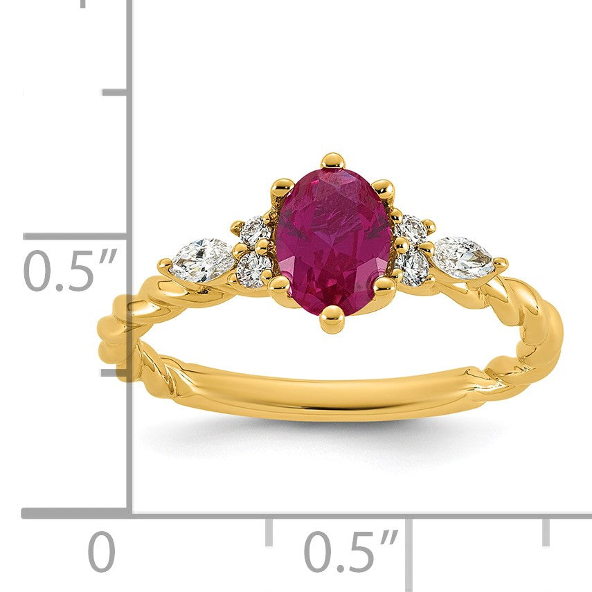 14k Polished Lab Created Ruby & 1/6 carat Lab Grown Diamond VS/SI+ G+ July Birthstone Complete Twisted Ring