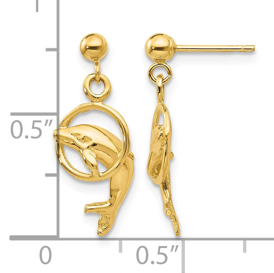 14k Polished Dolphin Jumping Through Hoop Dangle Post Earrings
