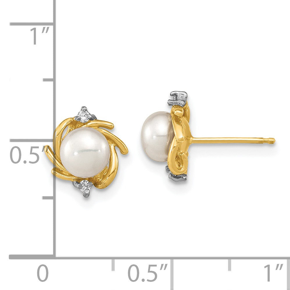 14k Madi K 5-6mm White Button Freshwater Cultured Pearl and .04 Carat Diamond Post Earrings