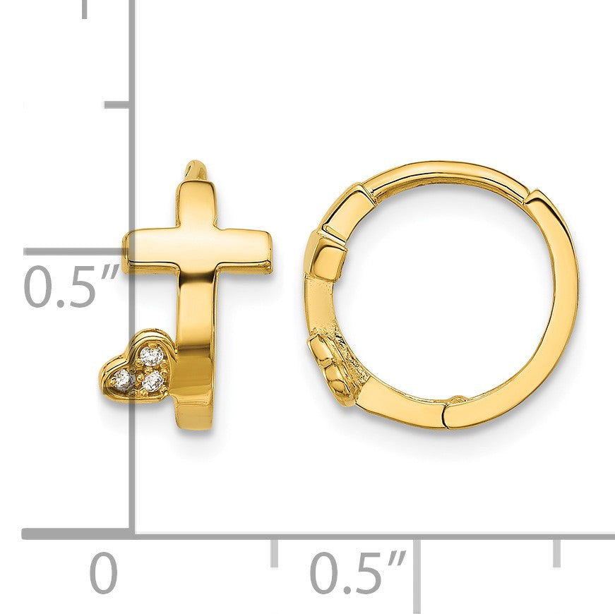 14k Madi K Polished Cross with CZ Heart Hinged Huggie Hoop Earrings