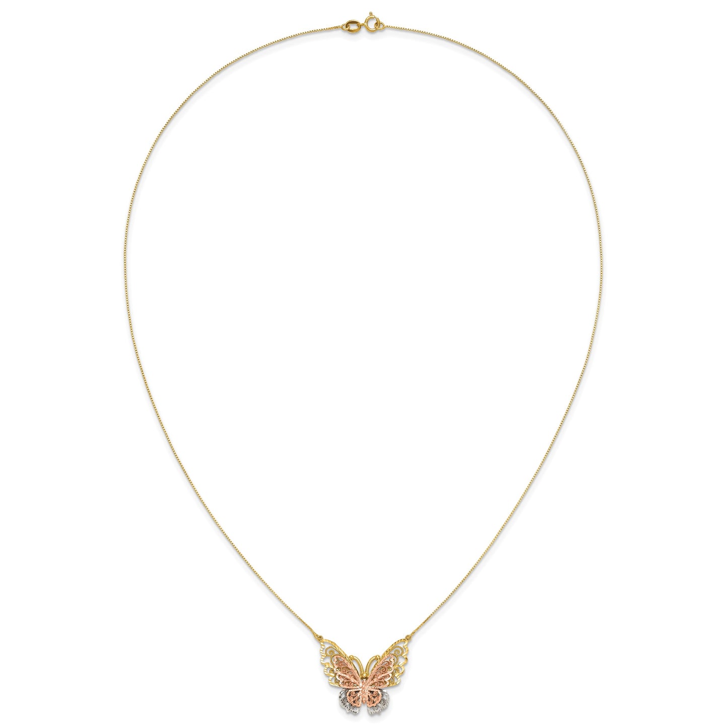 14k Yellow and Rose Gold with White Rhodium Large Filigree Butterfly 18 inch Necklace