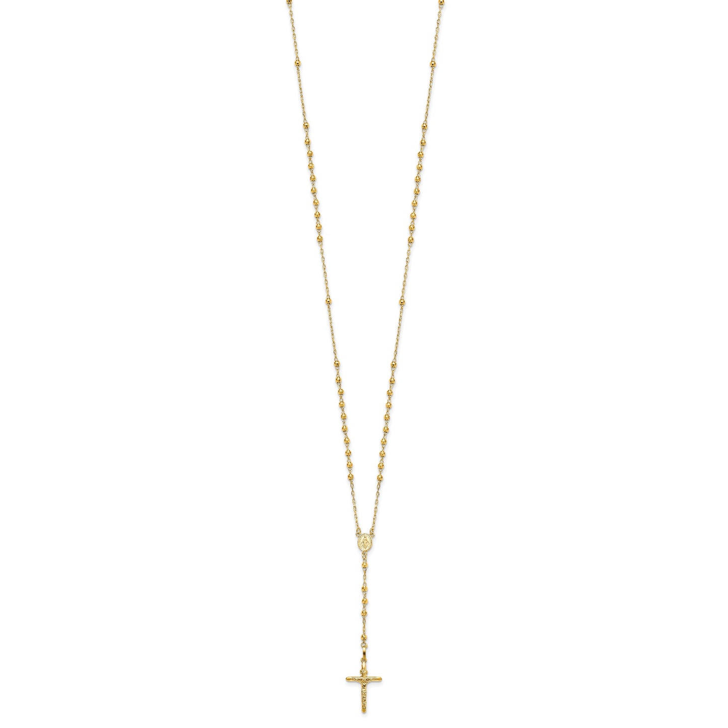 14k Polished Crucifix and Miraculous Medal with 3mm Mirror Beads Semi-solid 24 inch Rosary Necklace