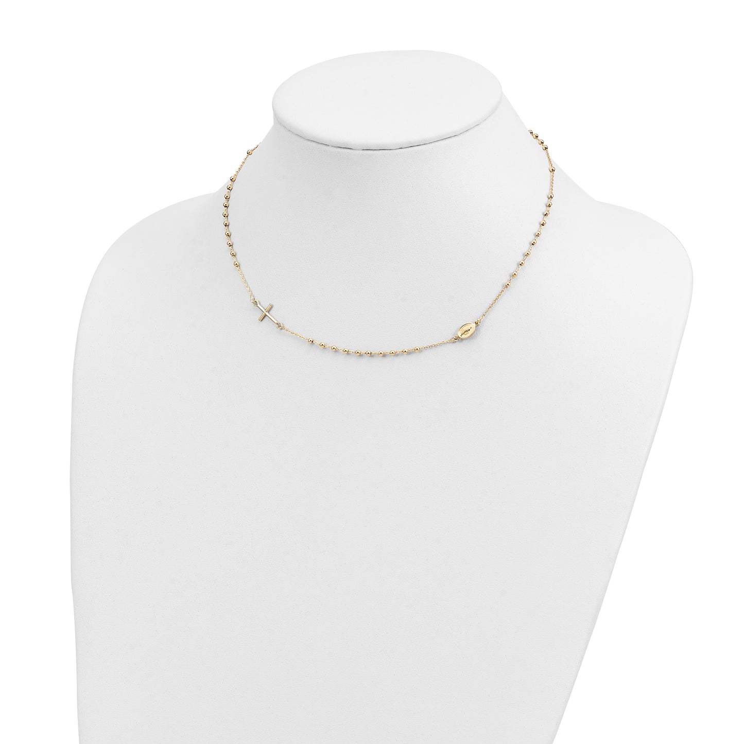14k Polished Cross and Miraculous Medal Beaded Rosary Design 16 inch Necklace