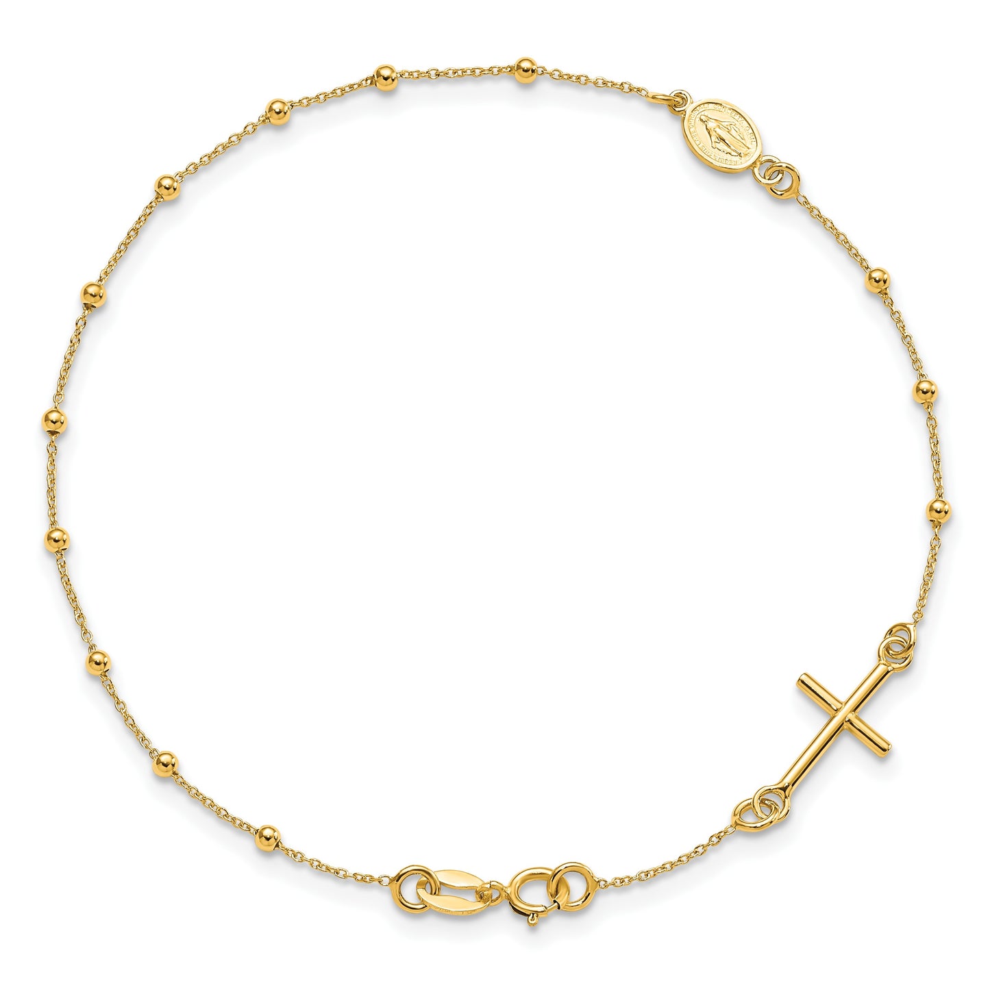 14k Polished Cross and Miraculous Medal Beaded 7.5 inch Rosary Bracelet