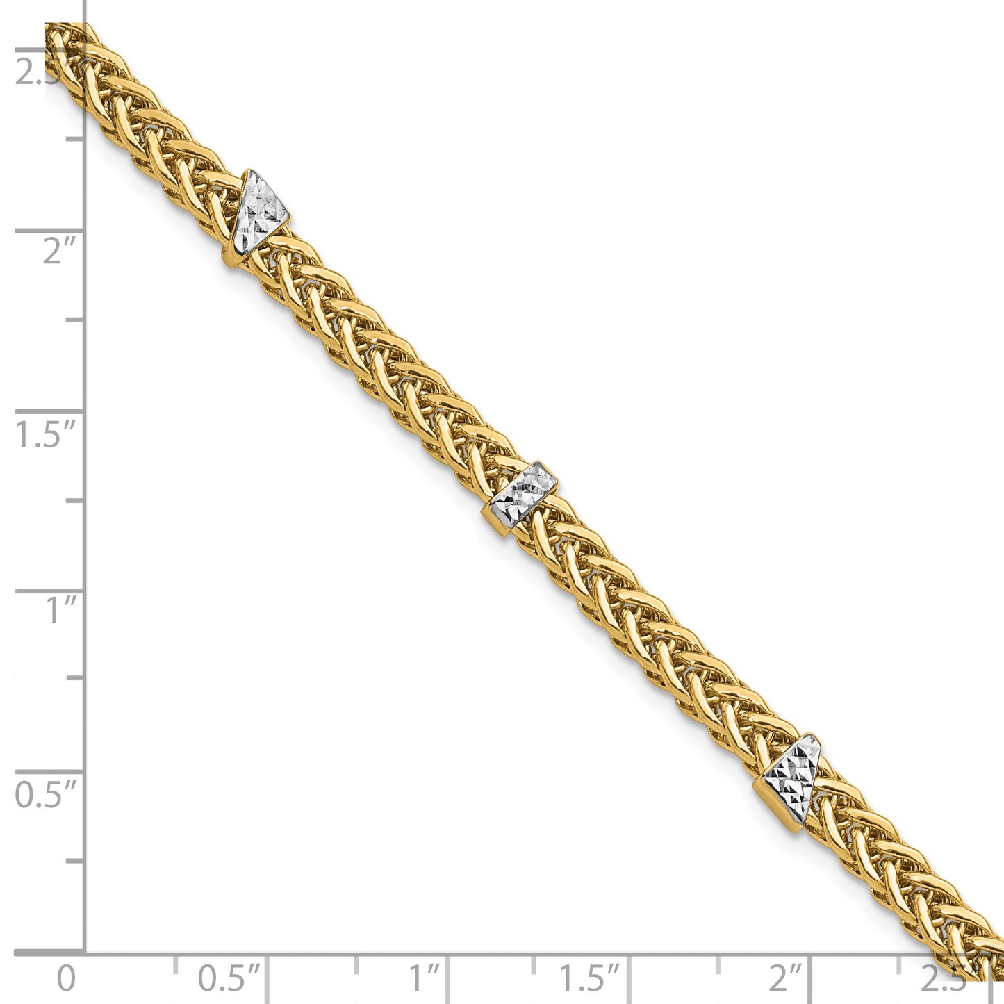 14K and White Rhodium Polished 3.6mm Diamond-cut Flat Wheat 7.5 inch Bracelet