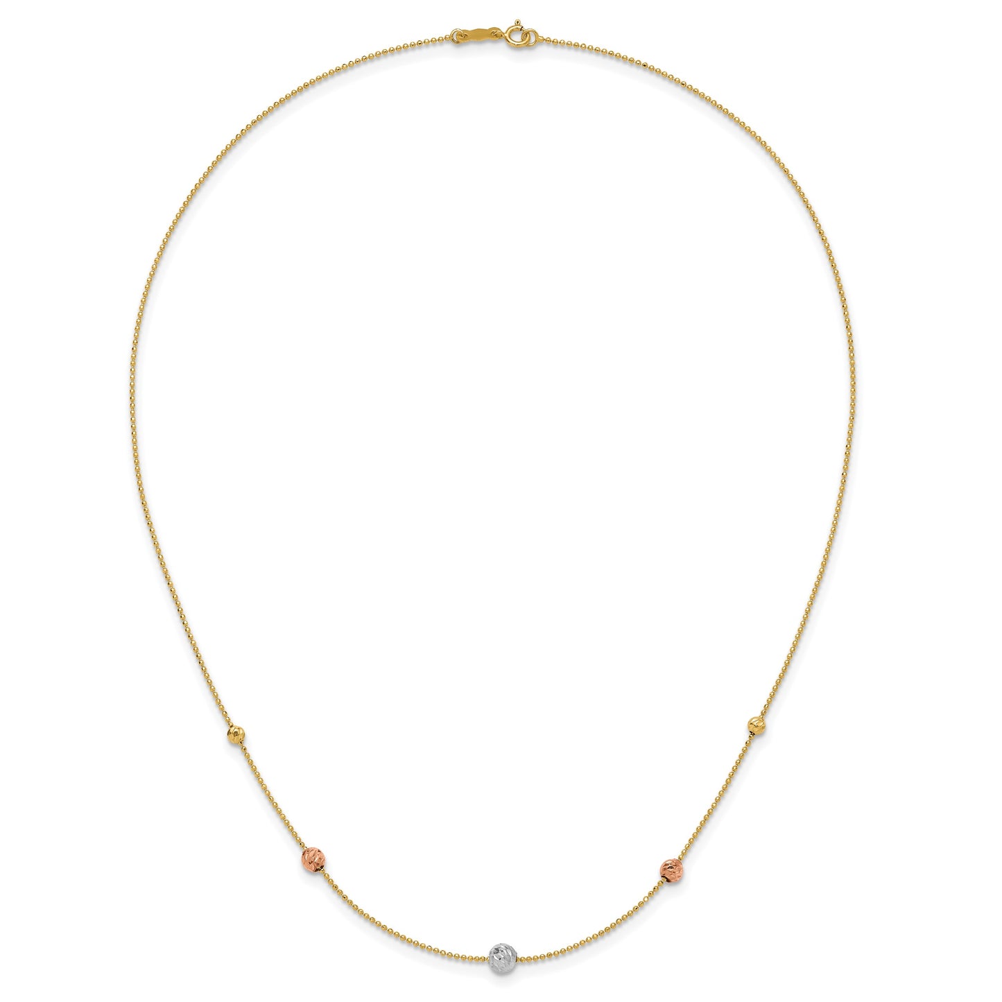 14K Tri-Color Diamond-cut Beads and Beaded Chain 18 inch Station Necklace