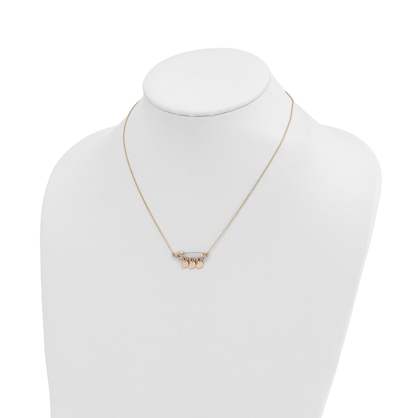 14K Safety Pin with Three Dangle Hearts and Beads 17 inch Necklace