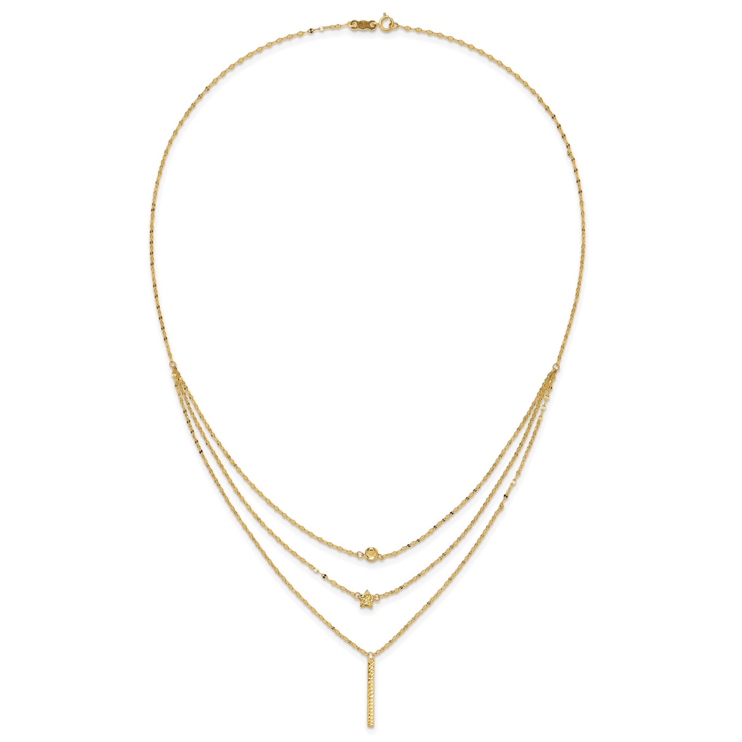 14K Three Strand Diamond-cut Bead/Star/Bar 18 inch Necklace