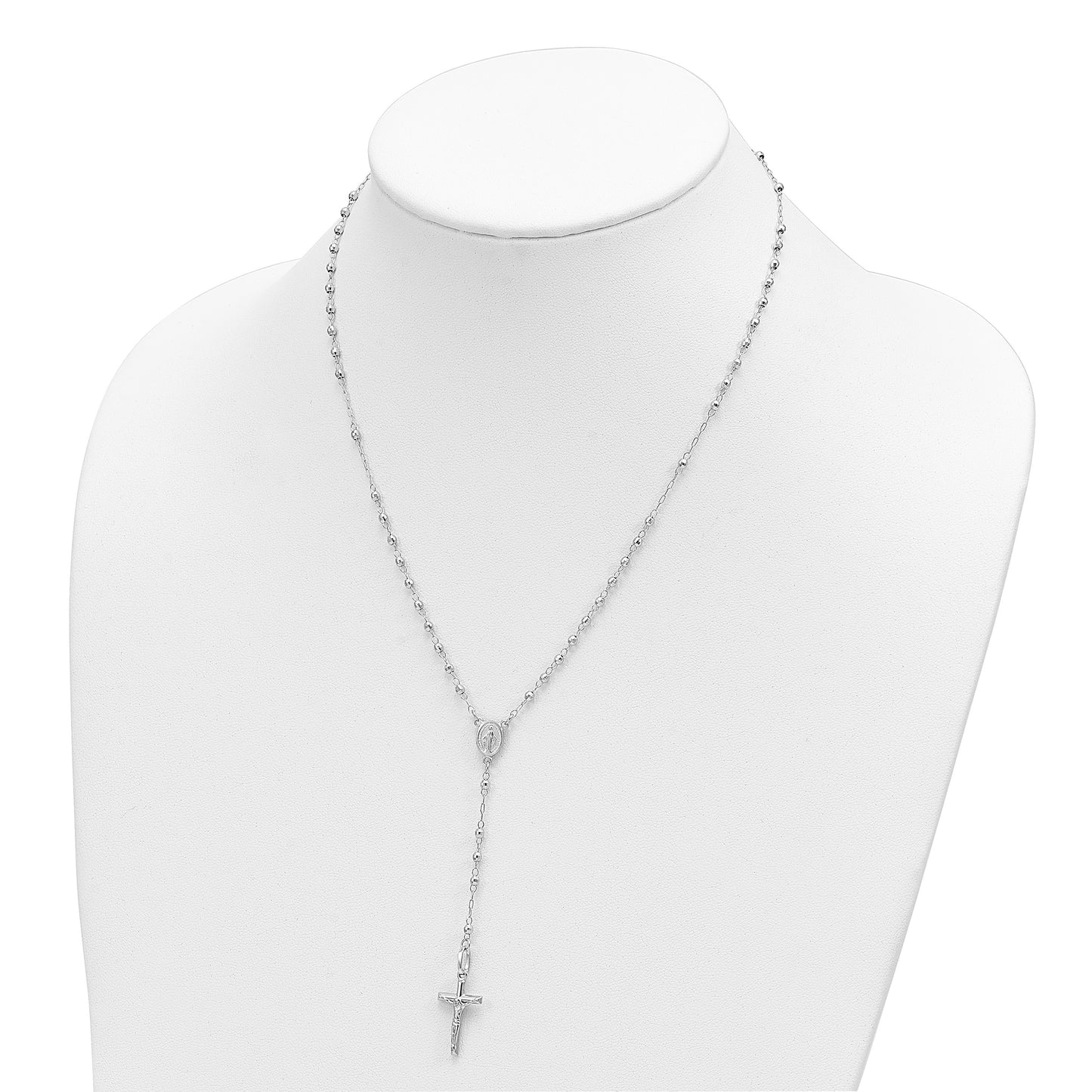14K White Gold Polished Crucifix and Miraculous Medal with Faceted Beads 18 inch Rosary Necklace