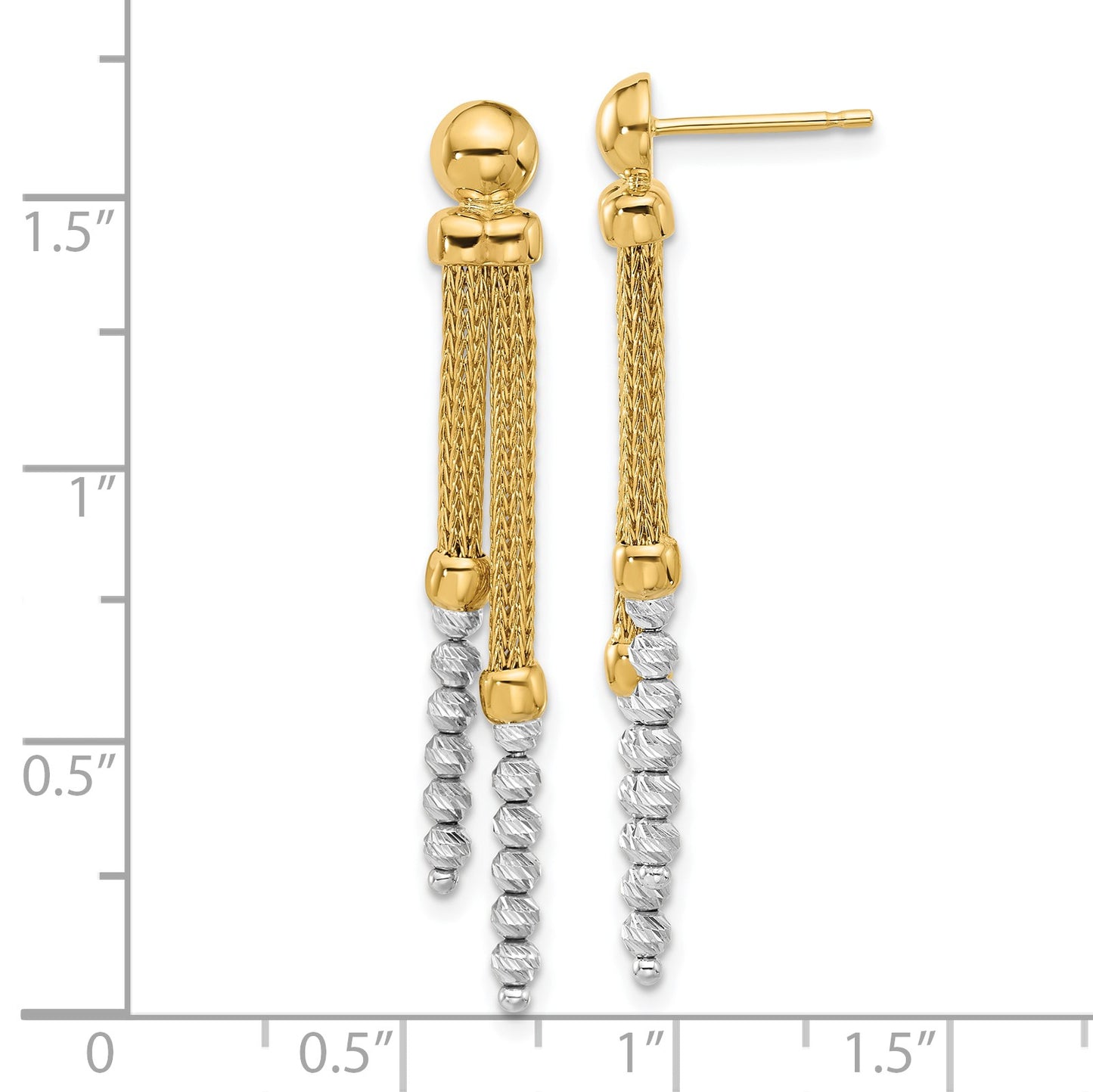 14K Two-tone Polished and Diamond-cut Beads and Mesh Chain Dangle Post Earrings