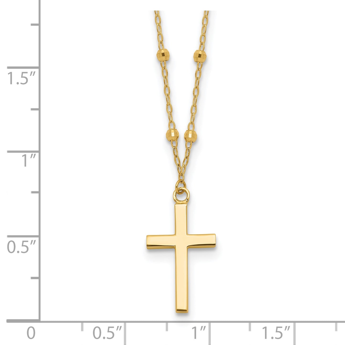 14K Mirror Beaded Chain with Polished Cross Pendant 16.25 inch Necklace Plus 2 inch Extender