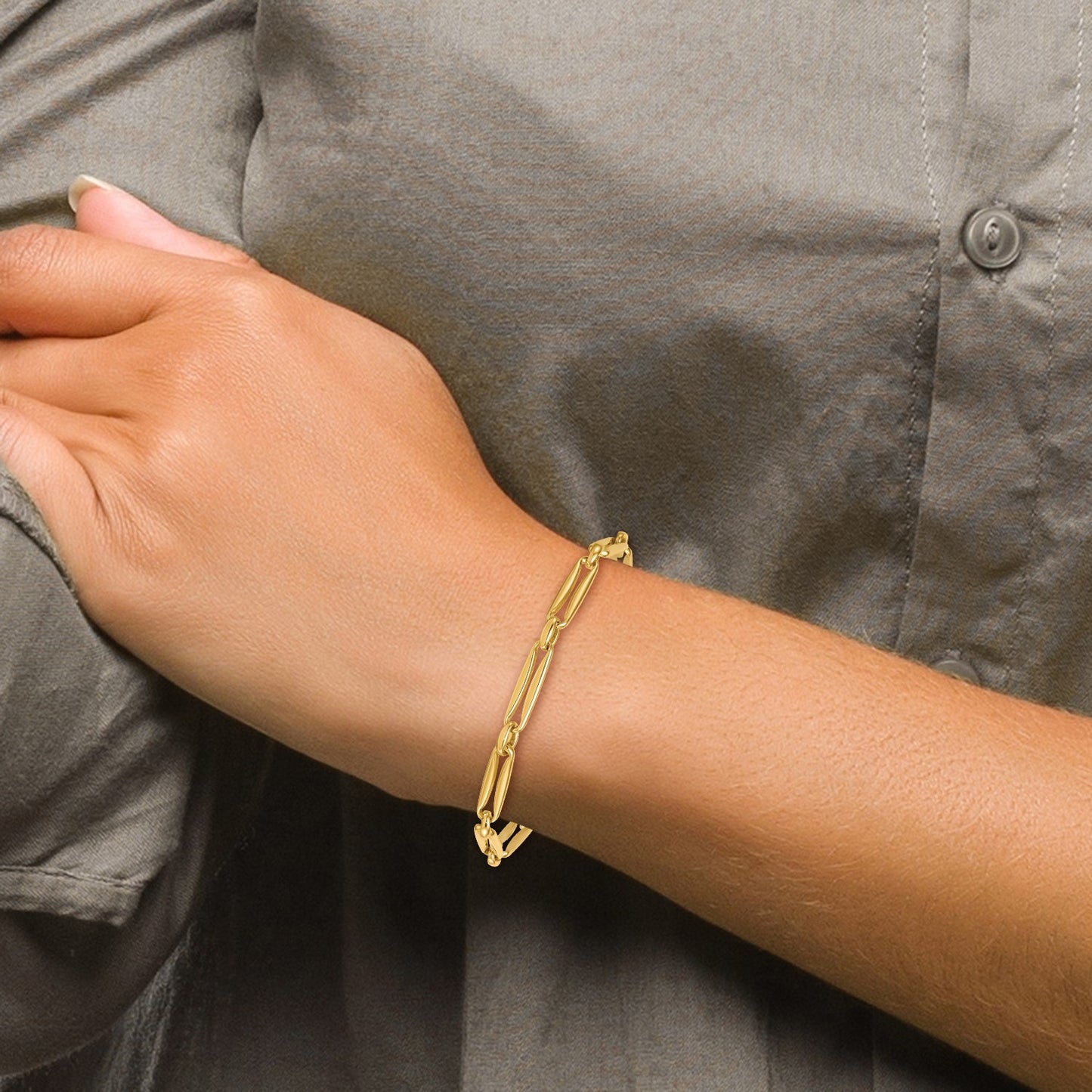 14k Polished 5mm Fancy Long and Round Link 7.5 inch Bracelet