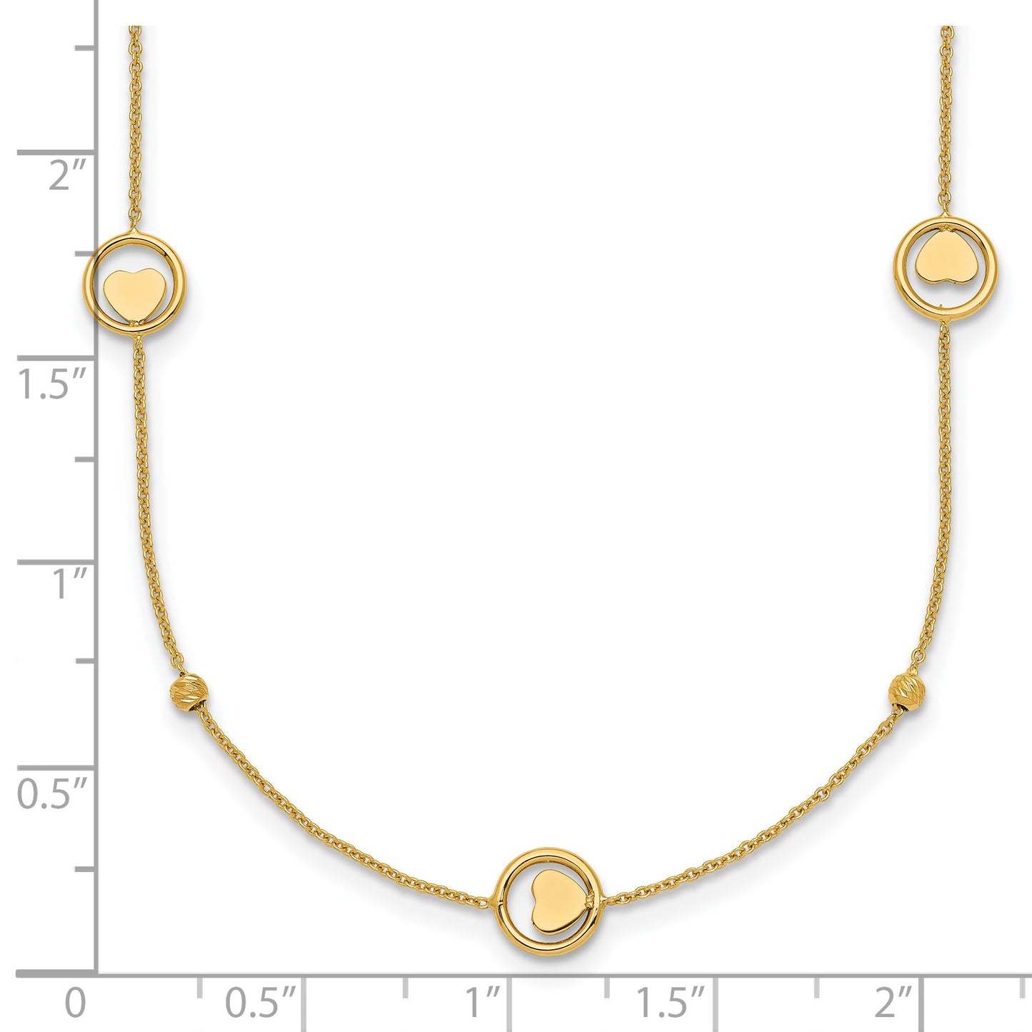 14k Polished Heart in Circle with Diamond-cut Beads 7-Station 16.75 inch Necklace