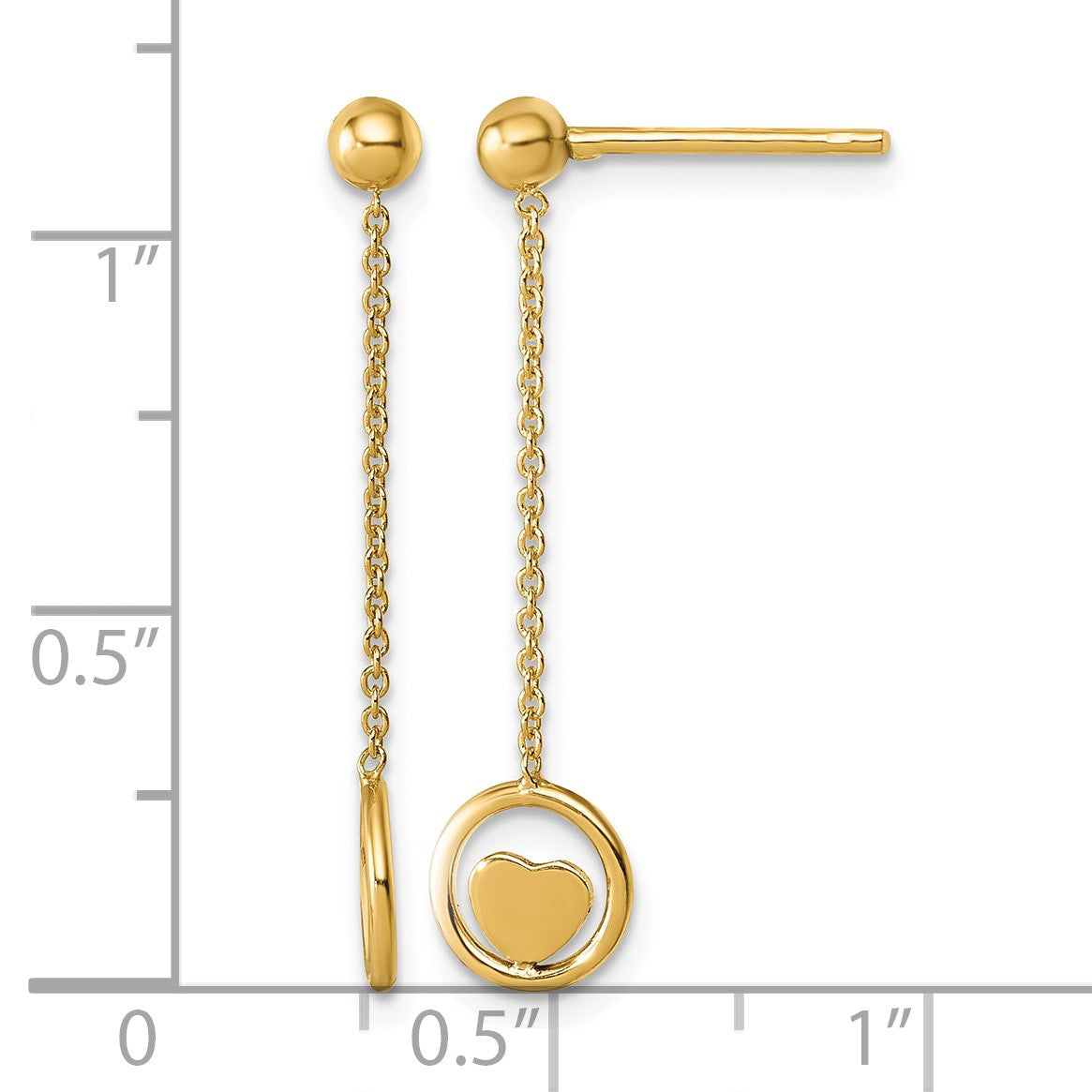 14k Polished Heart in Circle with Chain Dangle Post Earrings