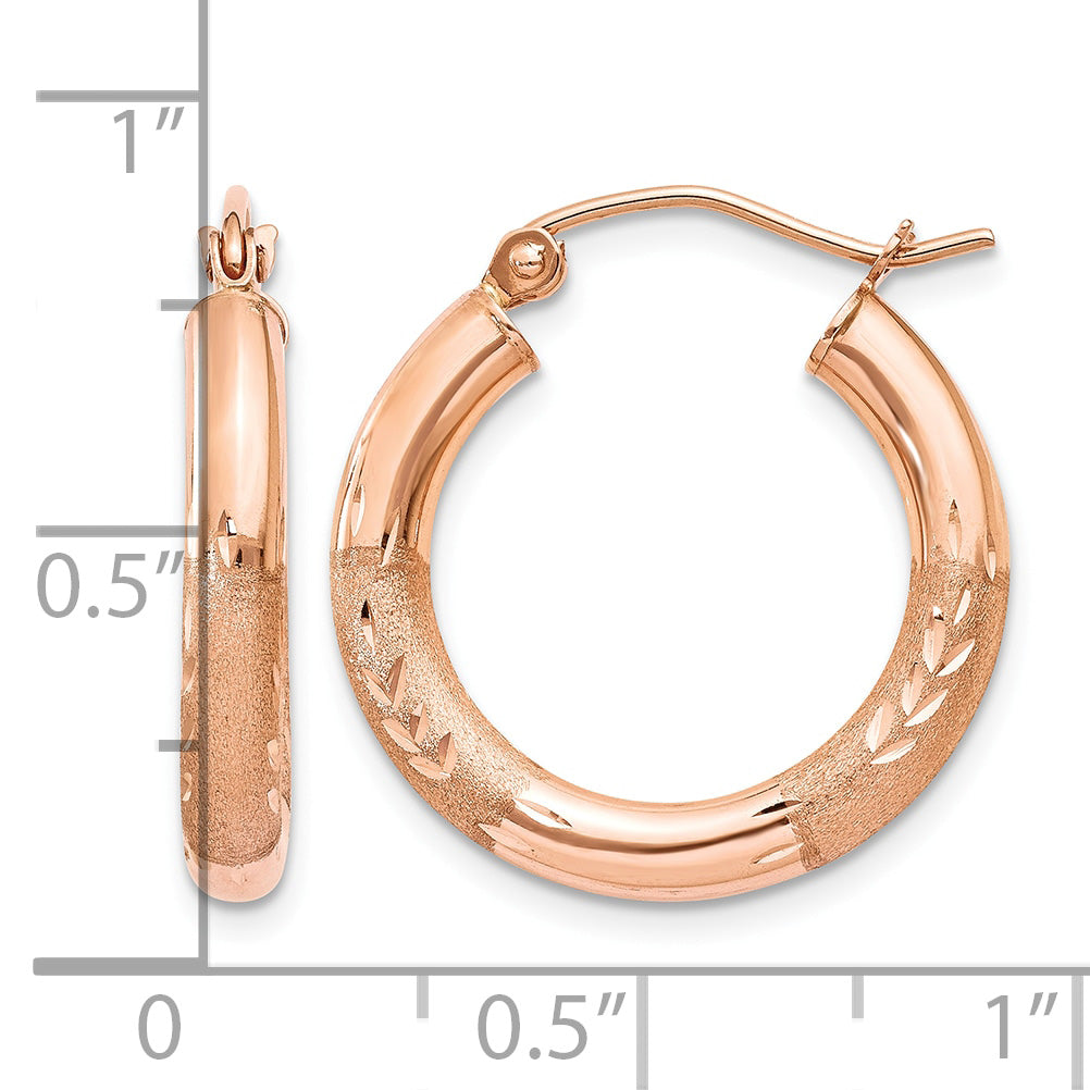 14k Rose Gold 3x18mm Satin Diamond-cut Round Tube Hoop Earrings