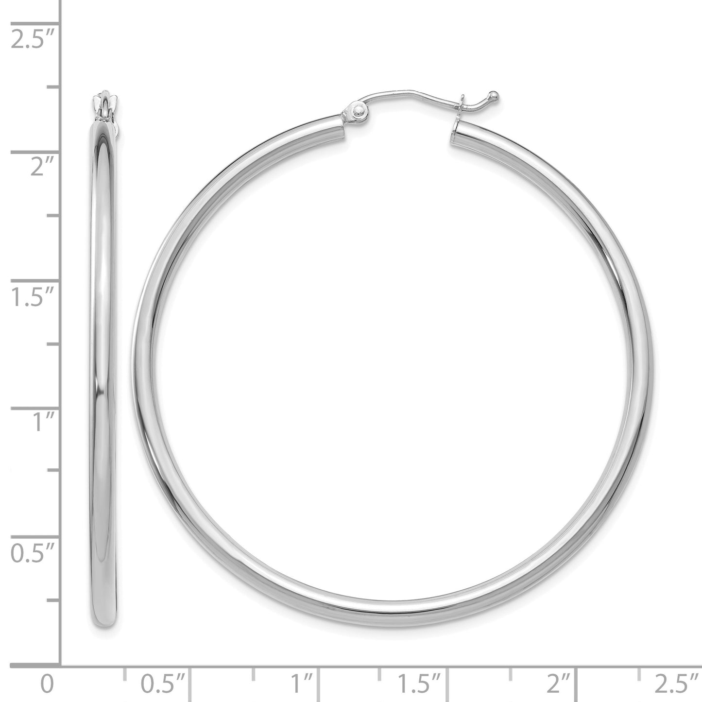 14K White Gold 2.5x50mm Polished Round Tube Hoop Earrings