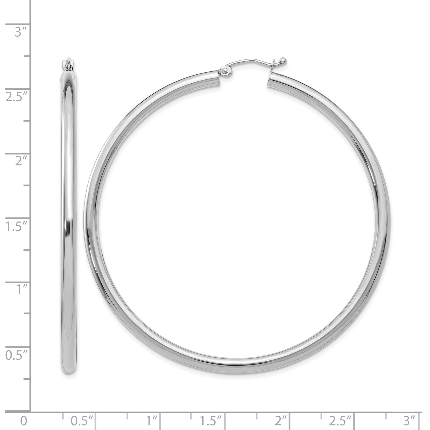 14K White Gold 3x60mm Polished Tube Hoop Earrings