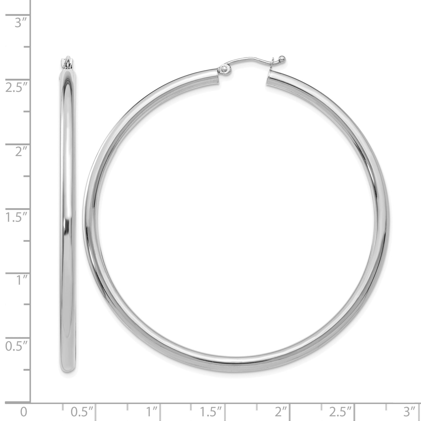 14K White Gold 3x60mm Polished Lightweight Tube Hoop Earrings
