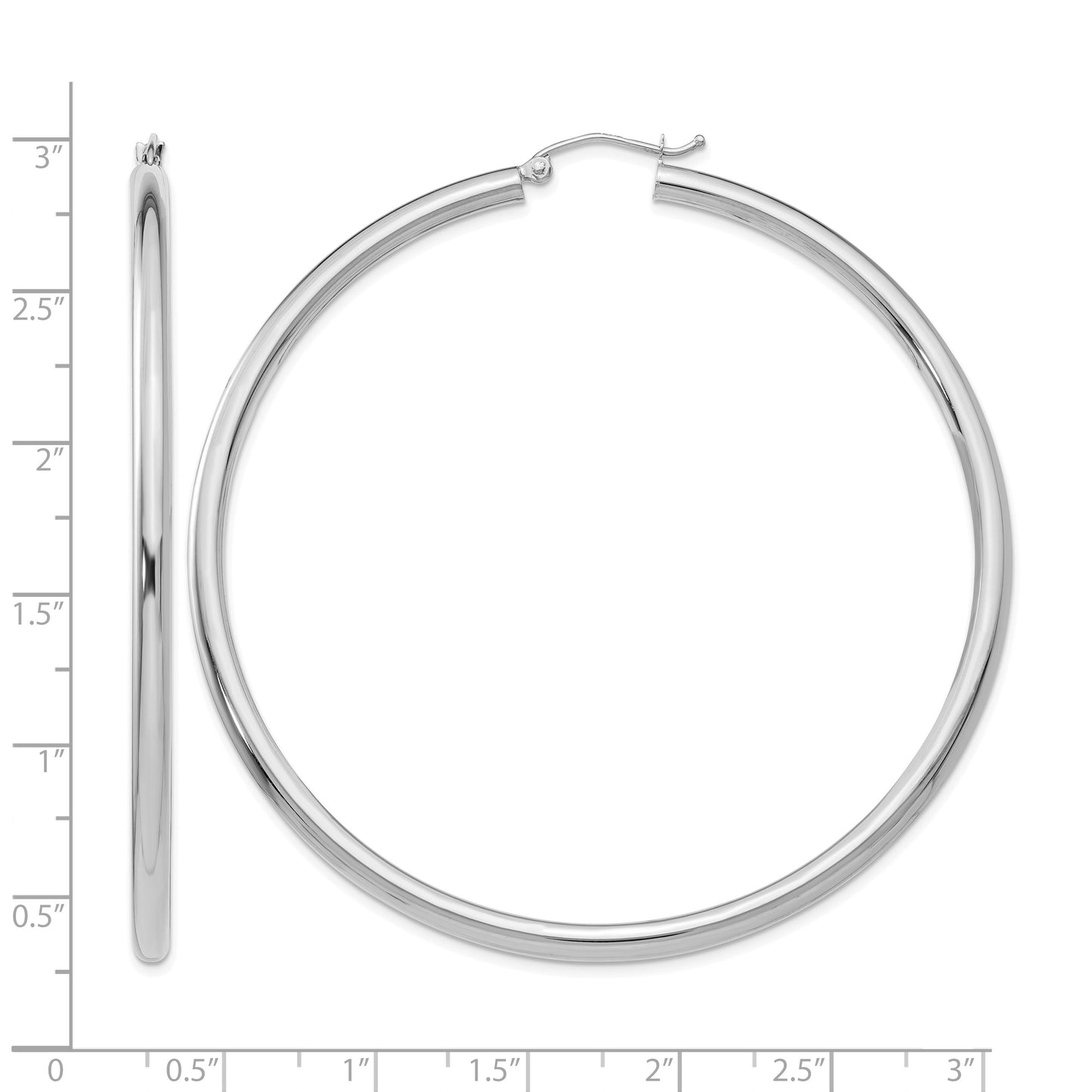 14K White Gold 3x65mm Polished Tube Hoop Earrings