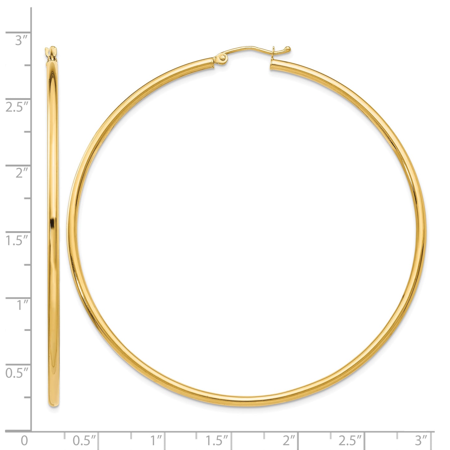 14K 2.5x65mm Polished Lightweight Tube Hoop Earrings