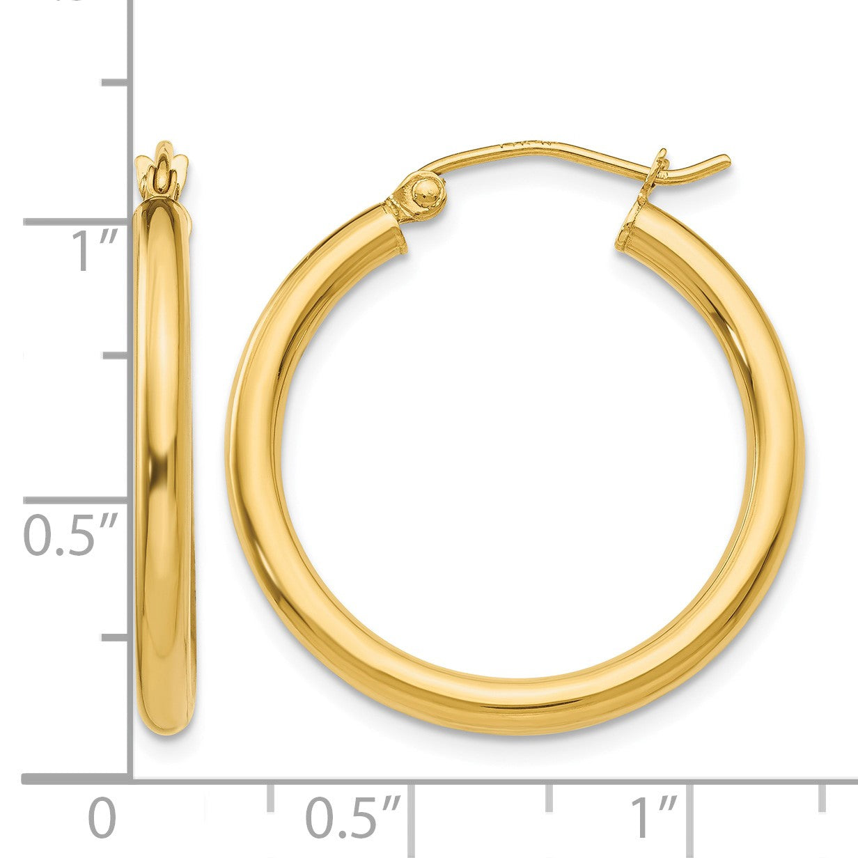 14K 2.5x25mm Polished Round Tube Hoop Earrings