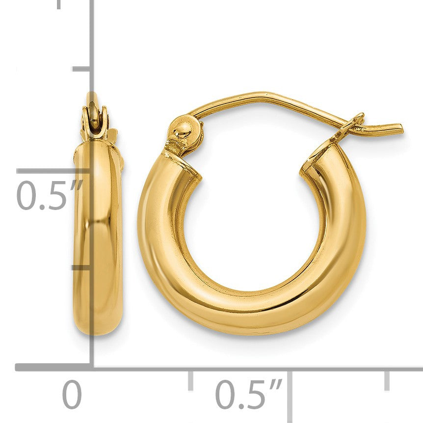 14K 3x14mm Polished Tube Hoop Earrings