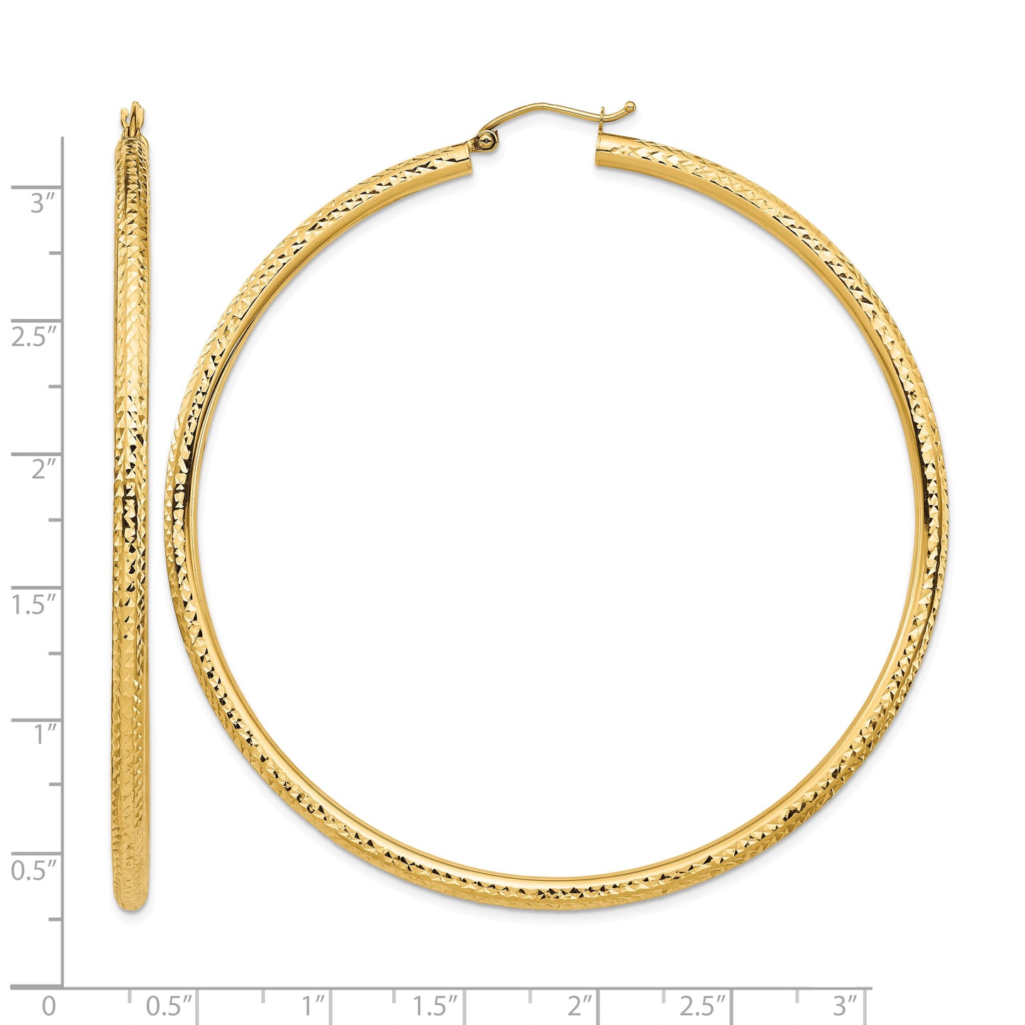 14k 3x70mm Lightweight Diamond-cut Round Tube Hoop Earrings