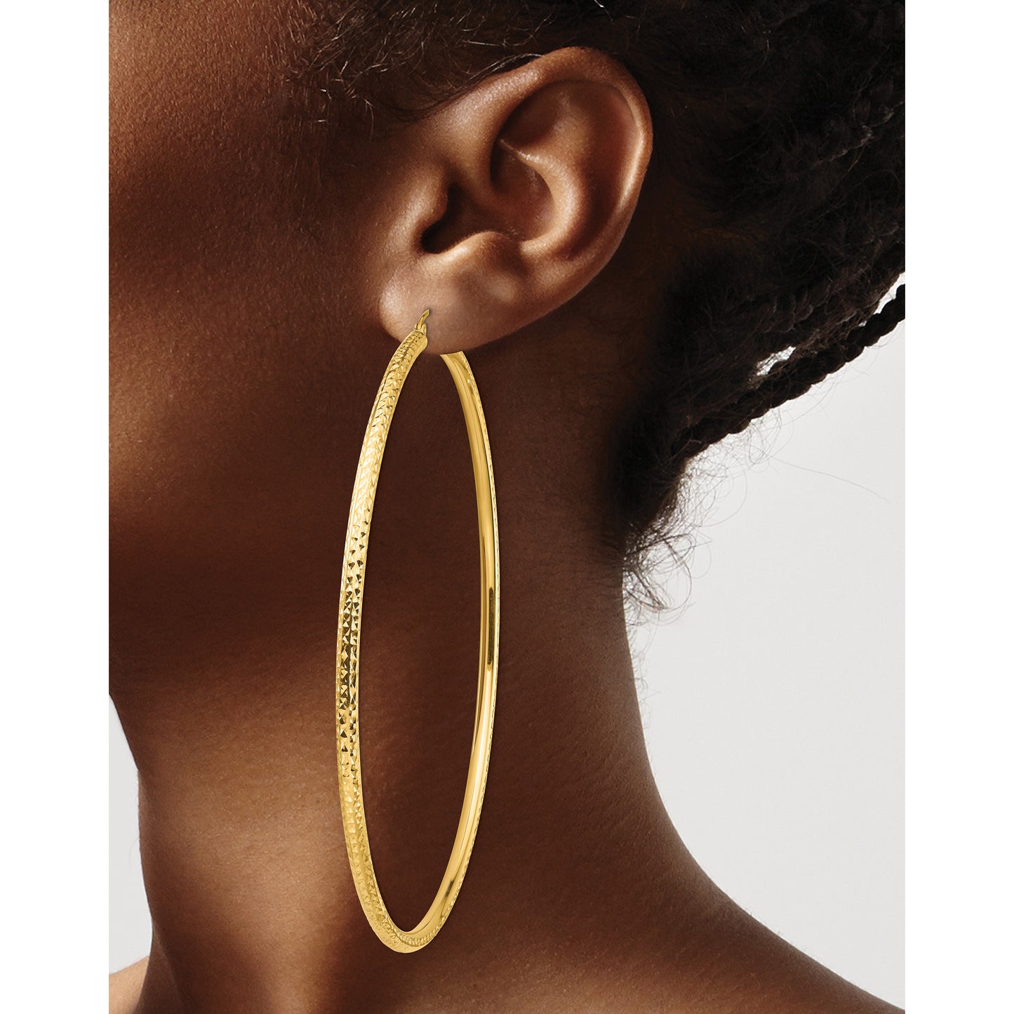 14k 3x90mm Lightweight Diamond-cut Round Tube Hoop Earrings
