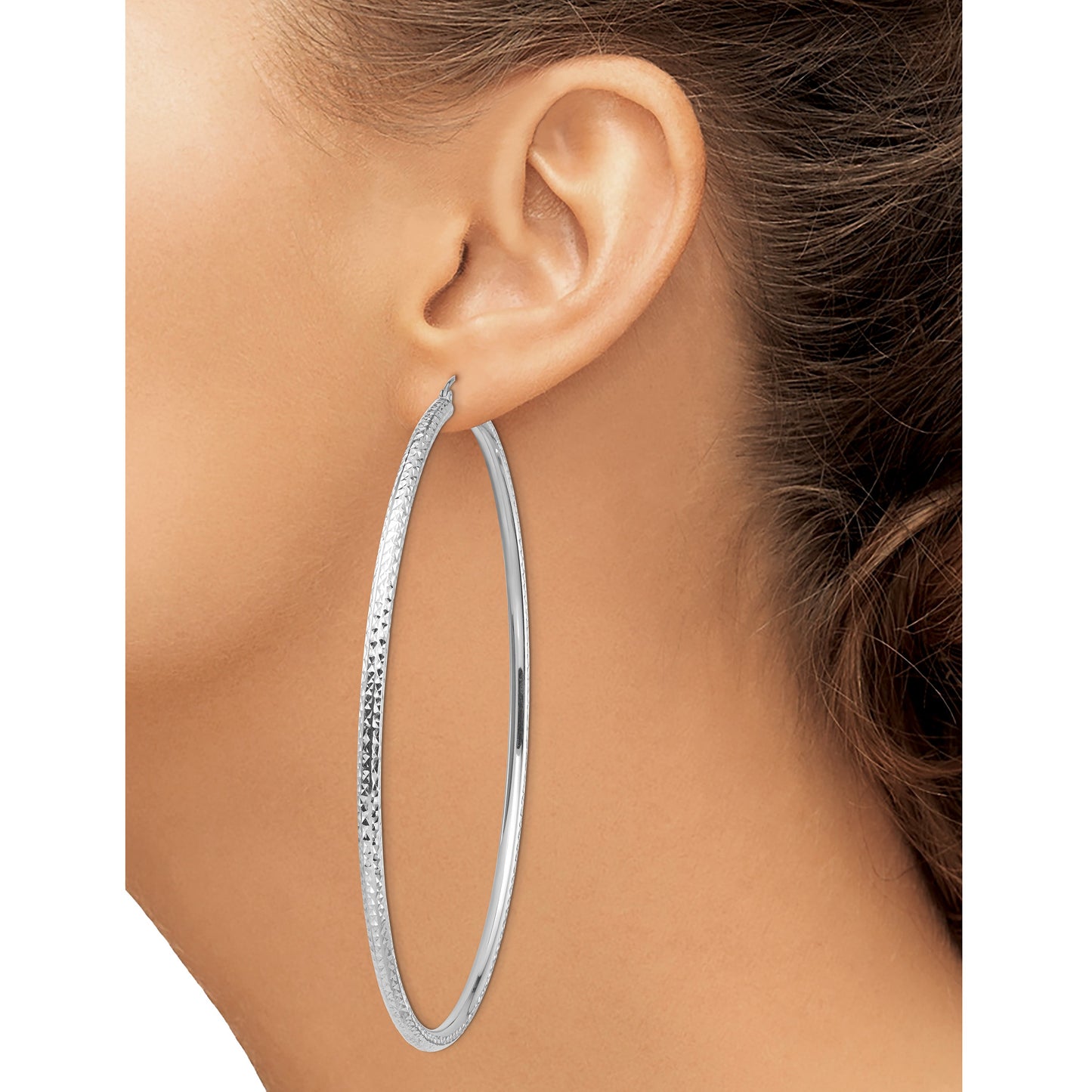 14k White Gold 3x90mm Lightweight Diamond-cut Tube Hoop Earrings