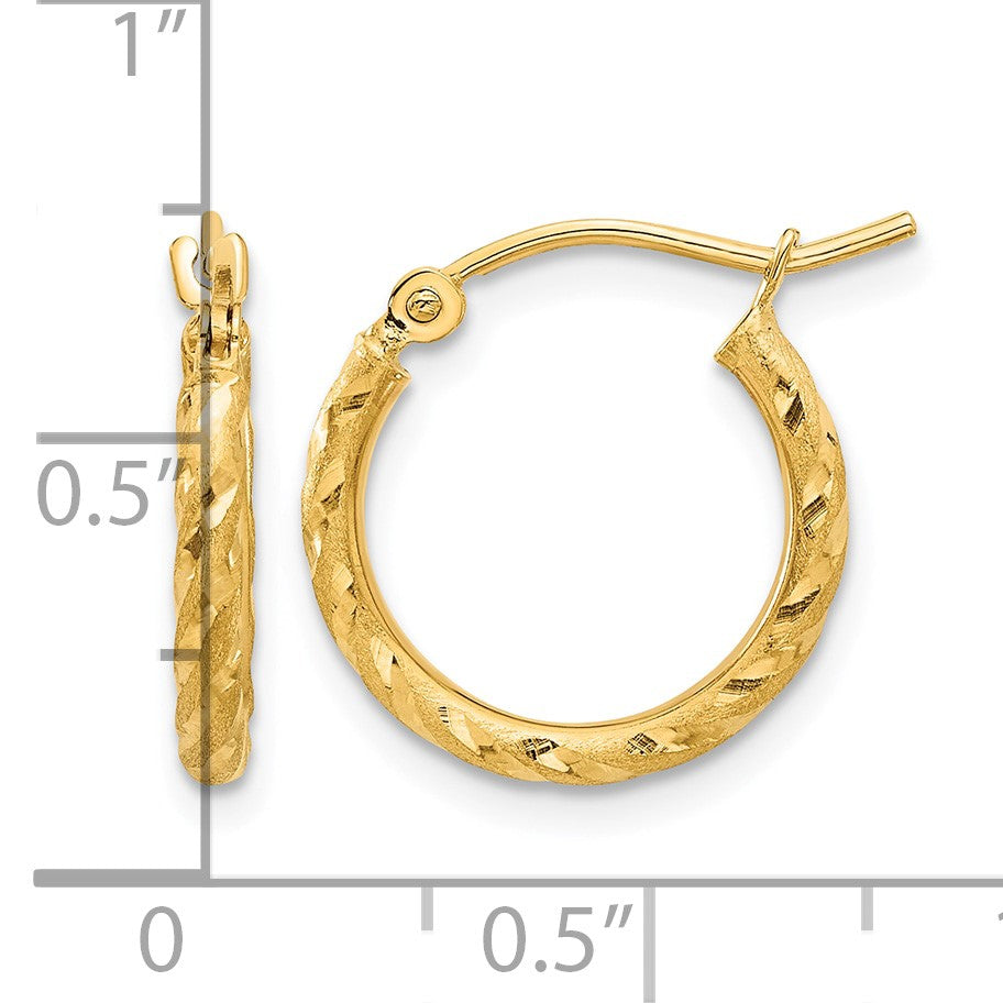 14k 2.00x15mm Polished and Satin Diamond-cut Twist Tube Hoop Earrings