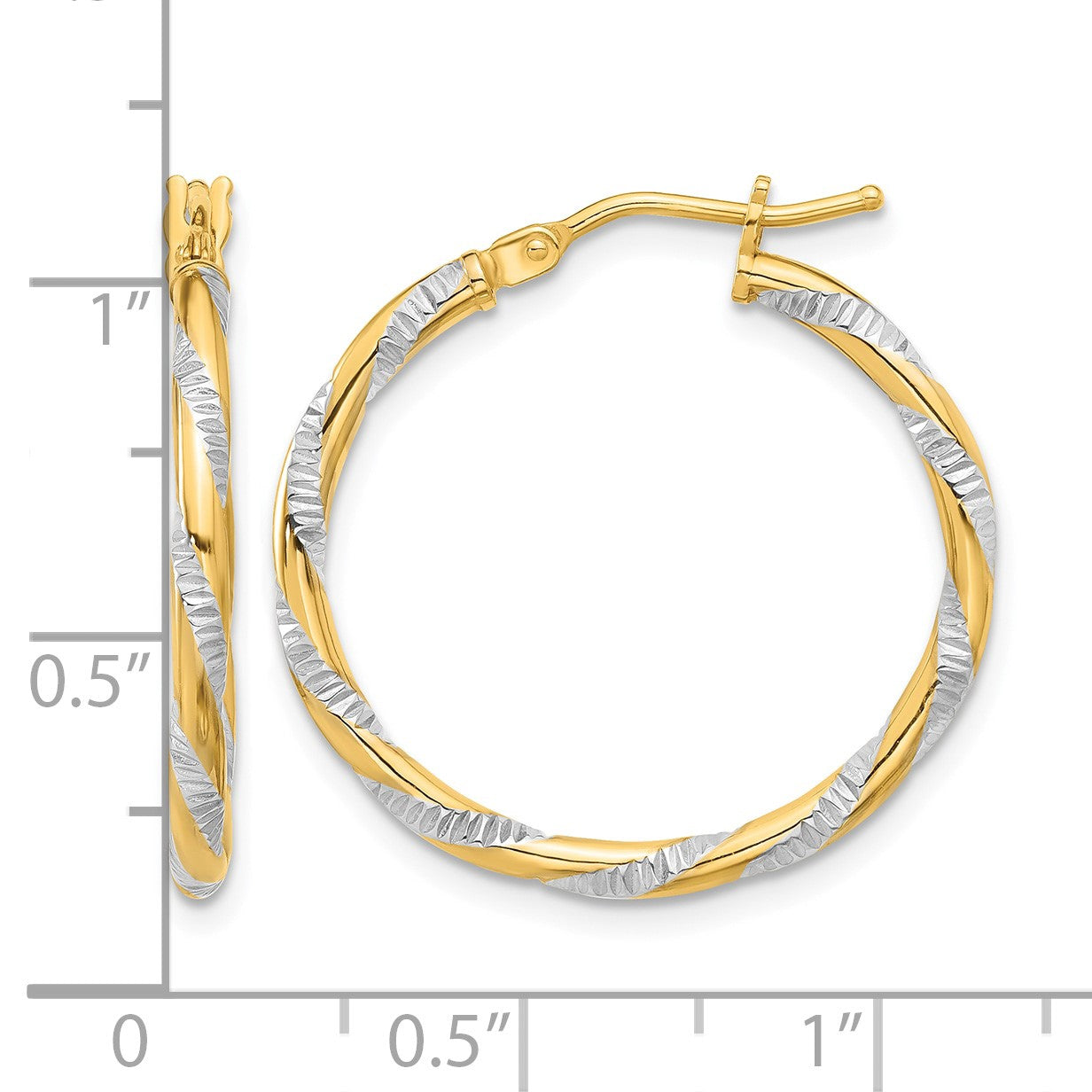 14K and White Rhodium 2x24mm Polished Diamond-cut Twist Tube Hoop Earrings