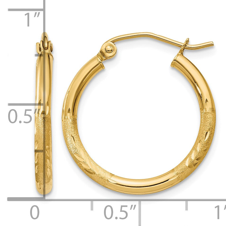 14k 2x20mm Satin Diamond-cut Round Tube Hoop Earrings