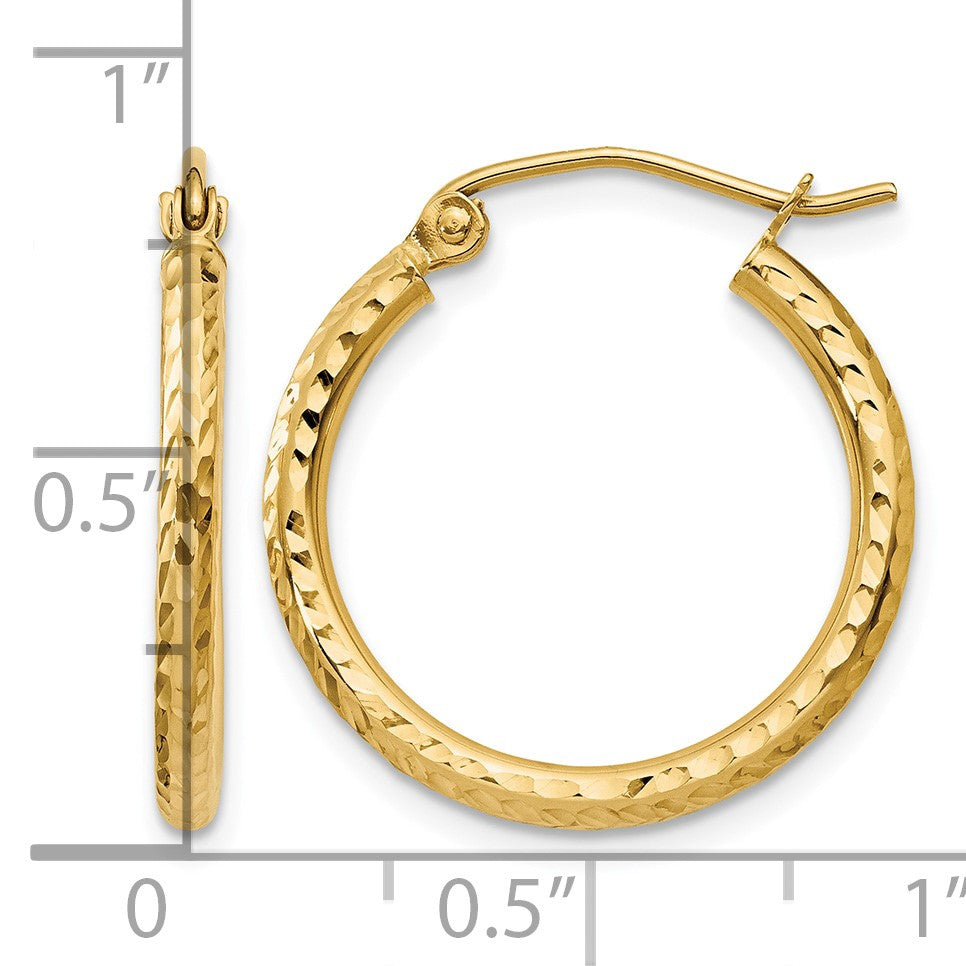 14k 2x20mm Diamond-cut Round Tube Hoop Earrings