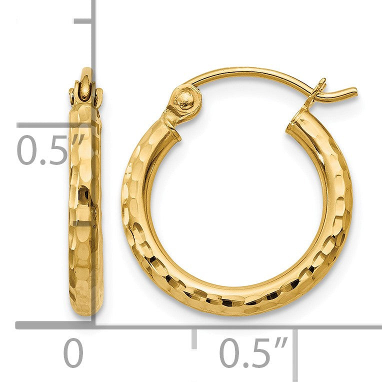 14k 2x15mm Diamond-cut Round Tube Hoop Earrings