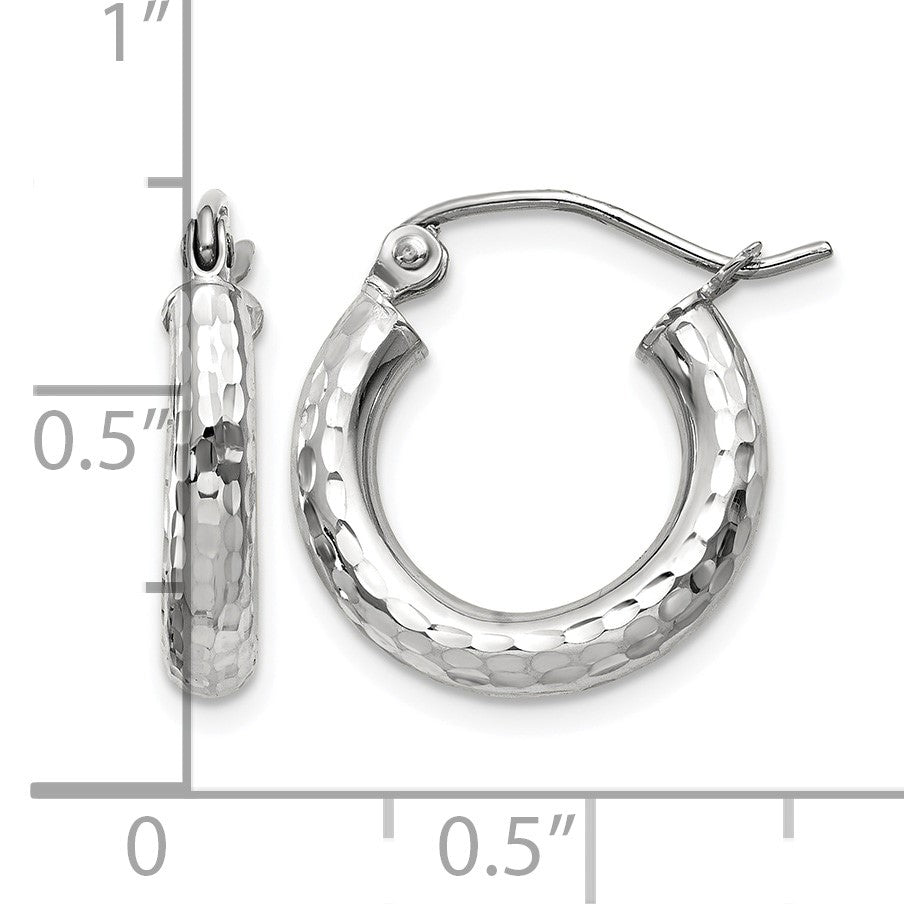 14k White Gold 3x16mm Diamond-cut Round Tube Hoop Earrings