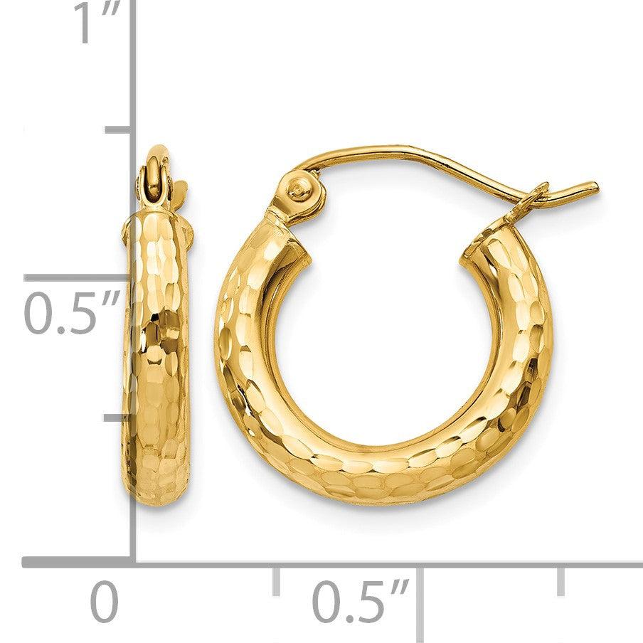 14k 3x16mm Diamond-cut Round Tube Hoop Earrings