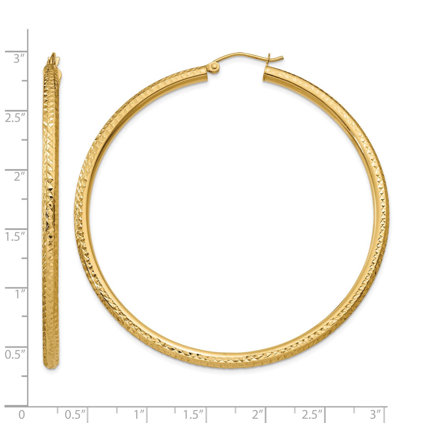 14k 3x60mm Diamond-cut Round Tube Hoop Earrings