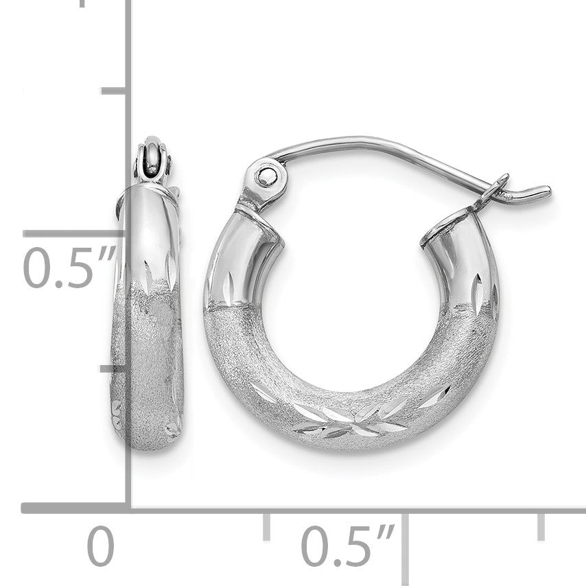 14k White Gold 3x13mm Satin Diamond-cut Round Tube Hoop Earrings