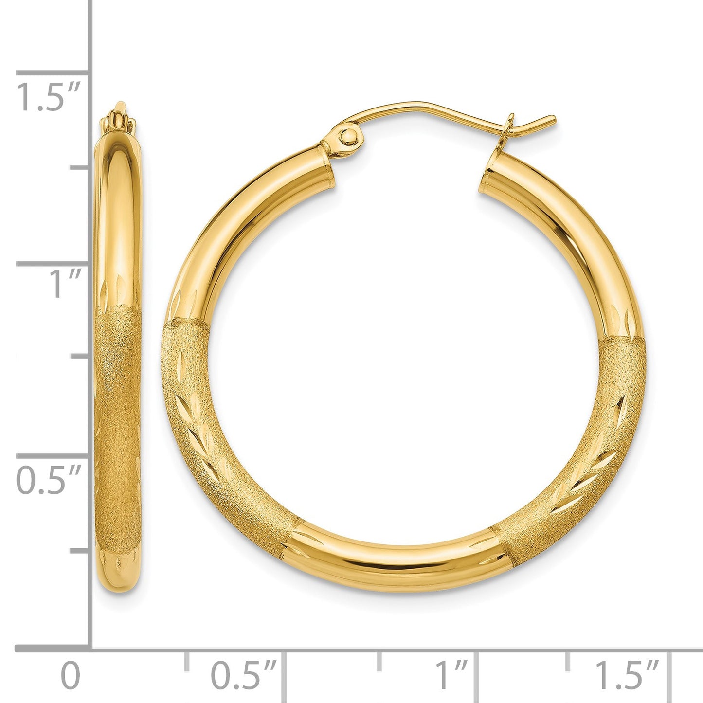 14k 3x30mm Satin Diamond-cut Round Tube Hoop Earrings