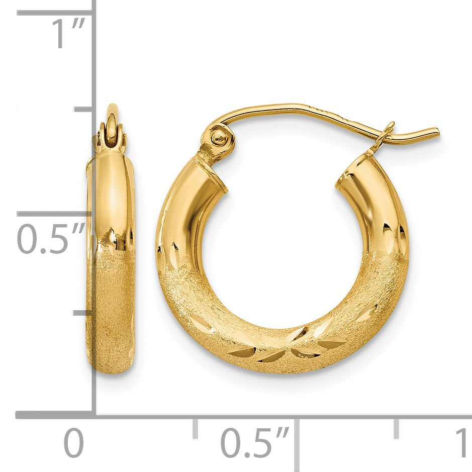 14k 3x16mm Satin Diamond-cut Round Tube Hoop Earrings