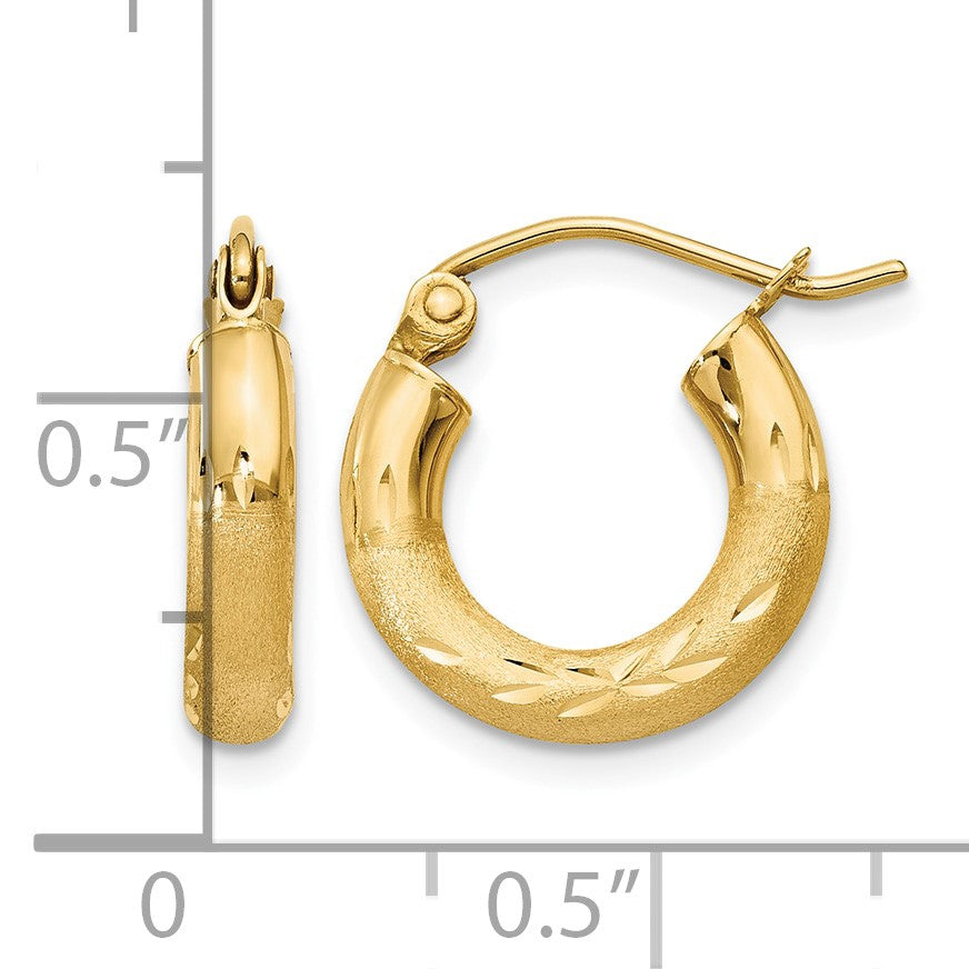 14k 3x14mm Satin Diamond-cut Round Tube Hoop Earrings