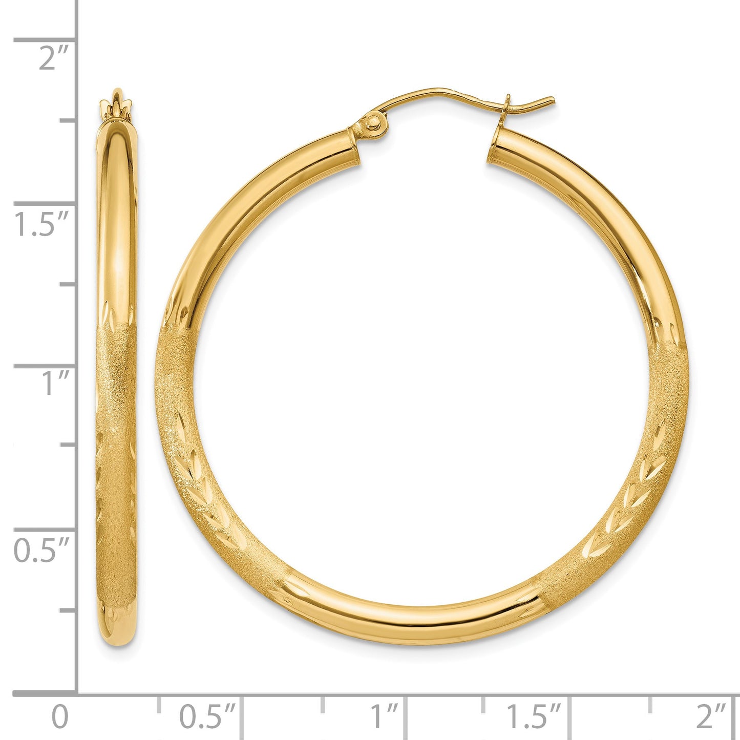 14k 3x40mm Satin Diamond-cut Round Tube Hoop Earrings