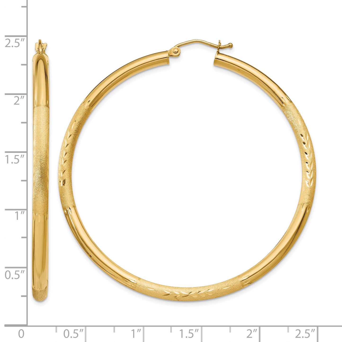 14k 3x55mm Satin Diamond-cut Round Tube Hoop Earrings