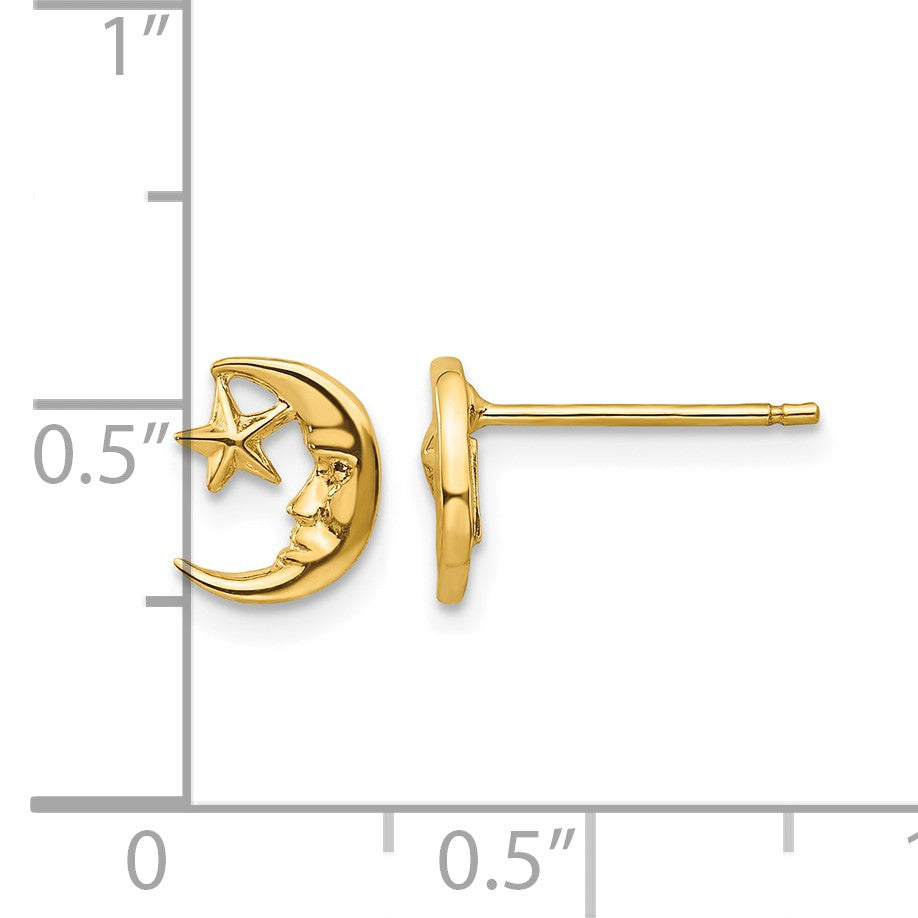 14k Polished Moon with Face and Star Post Earrings