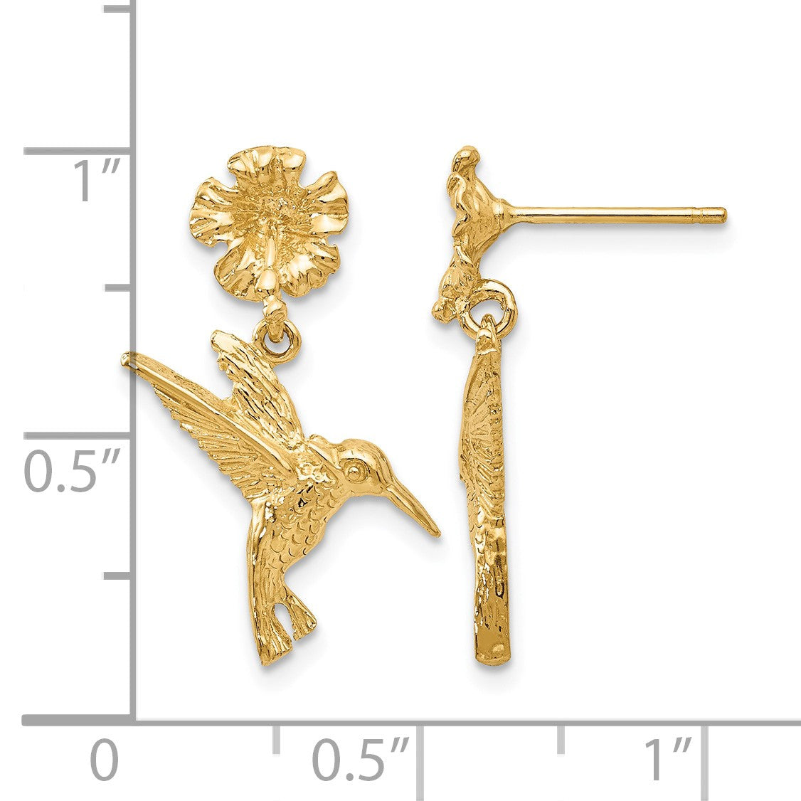 14k Hummingbird Dangles from Flower Post Earrings