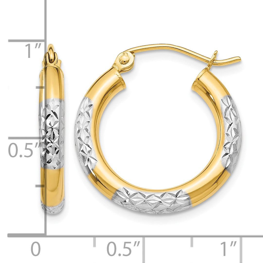 14K & Rhodium Diamond-cut 3x20mm Hoop Earrings