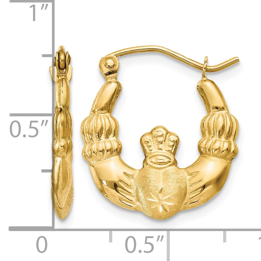 14k Polished and Satin Claddagh Hoop Earrings