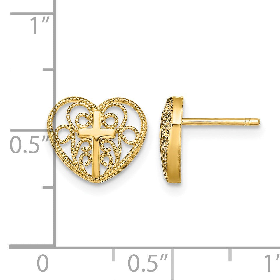 14K Cross in Center Filigree Heart Post Earrings