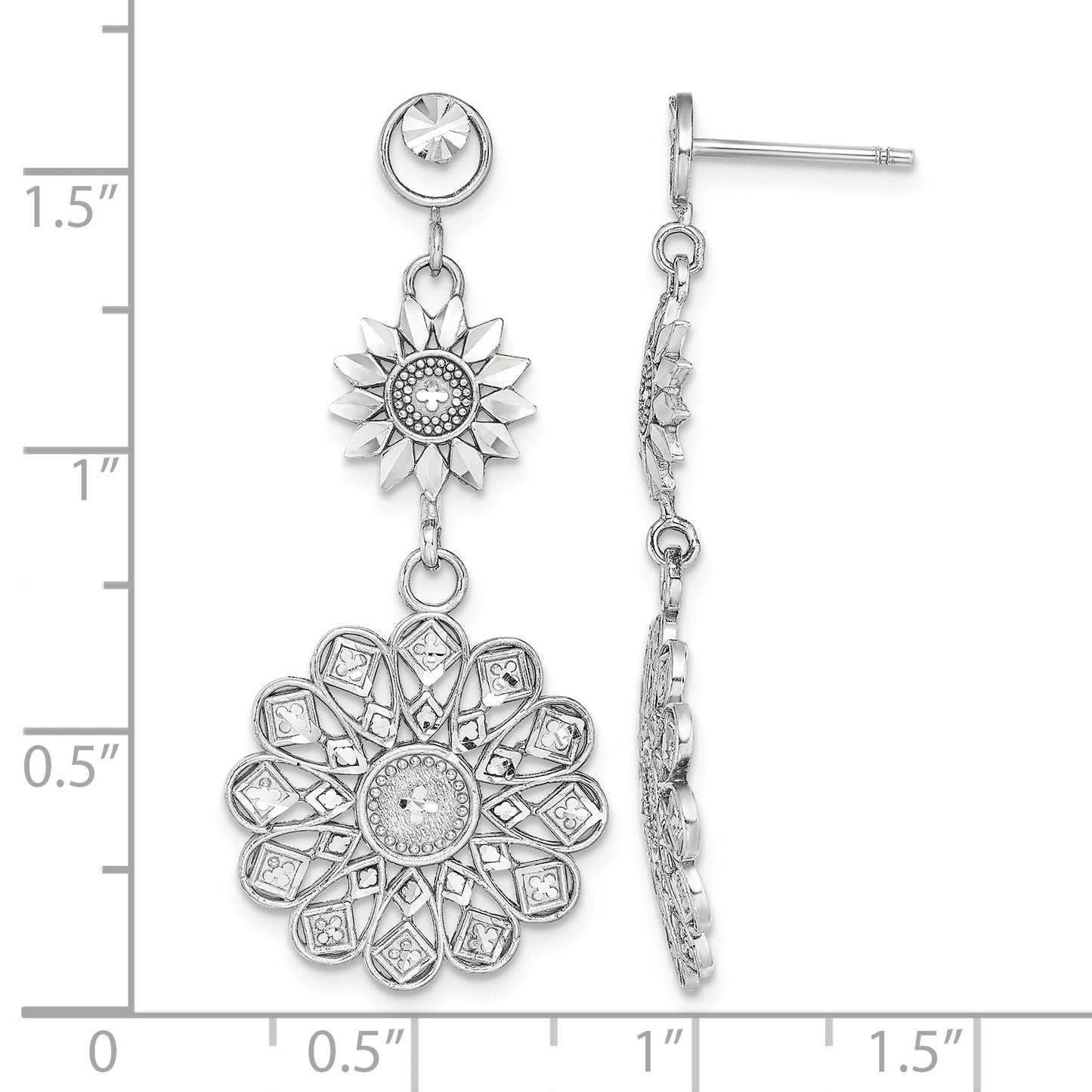 14K White Gold Diamond-cut Sunflower-Style Double Drop Post Earrings