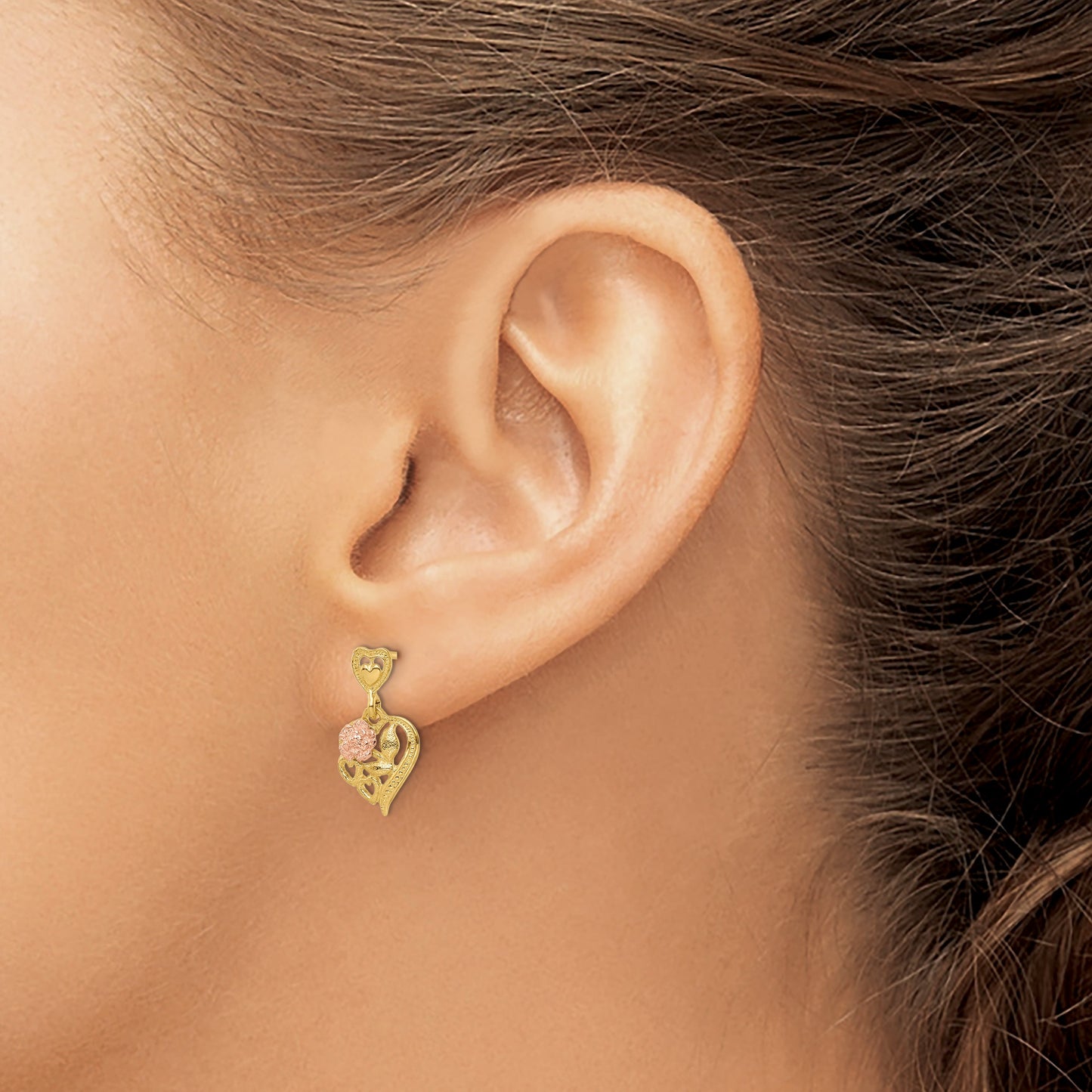 14k Two-tone Heart and Flower Dangle Post Earrings